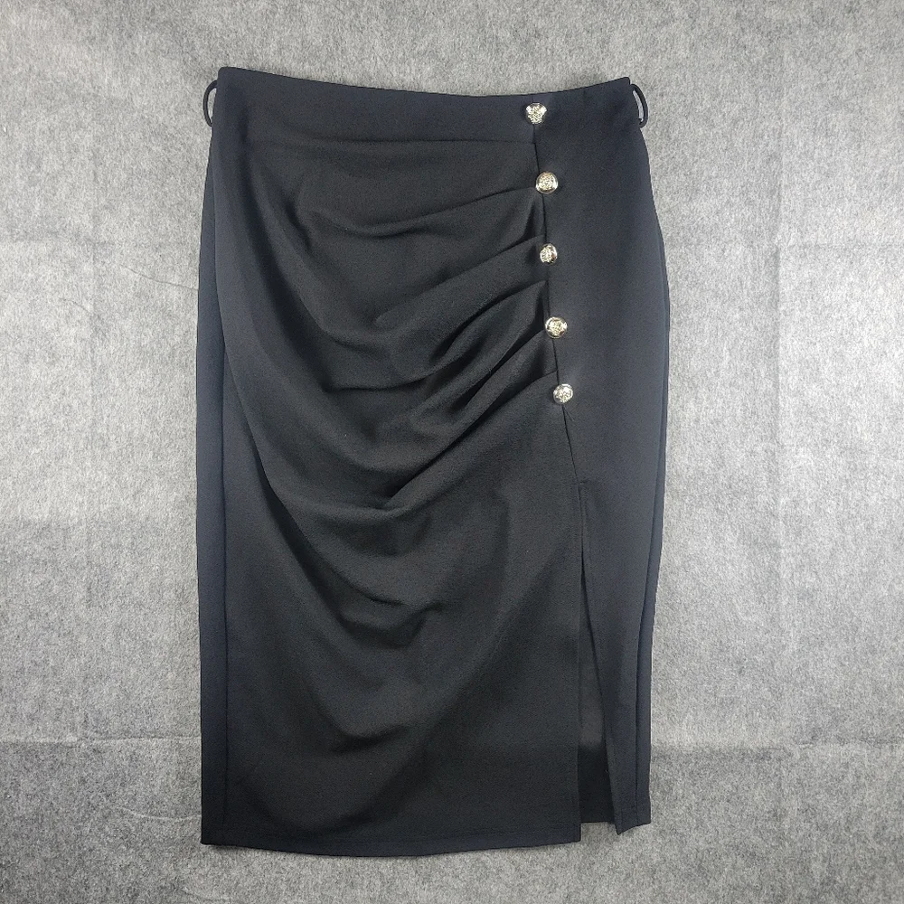 Shein Curve Ruched Split Thigh Gold Button Black Pencil Skirt Womens Size 0XL